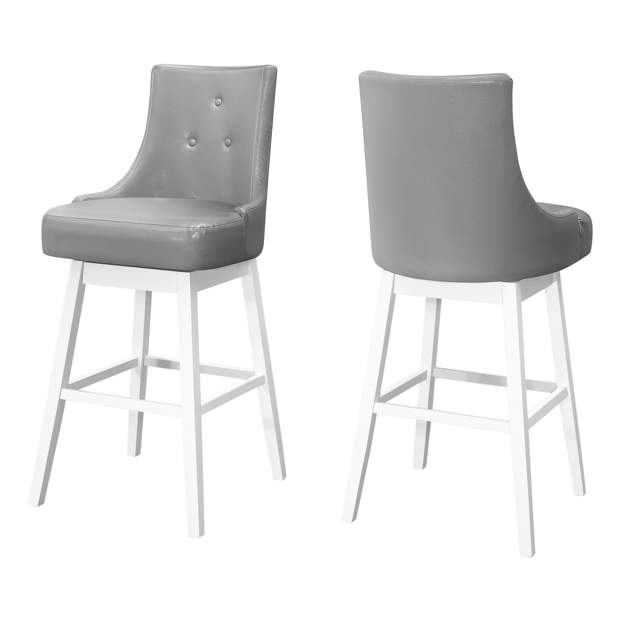 Set of Two 29" Gray And White Faux Leather And Solid Wood Swivel Bar Height Bar Chairs