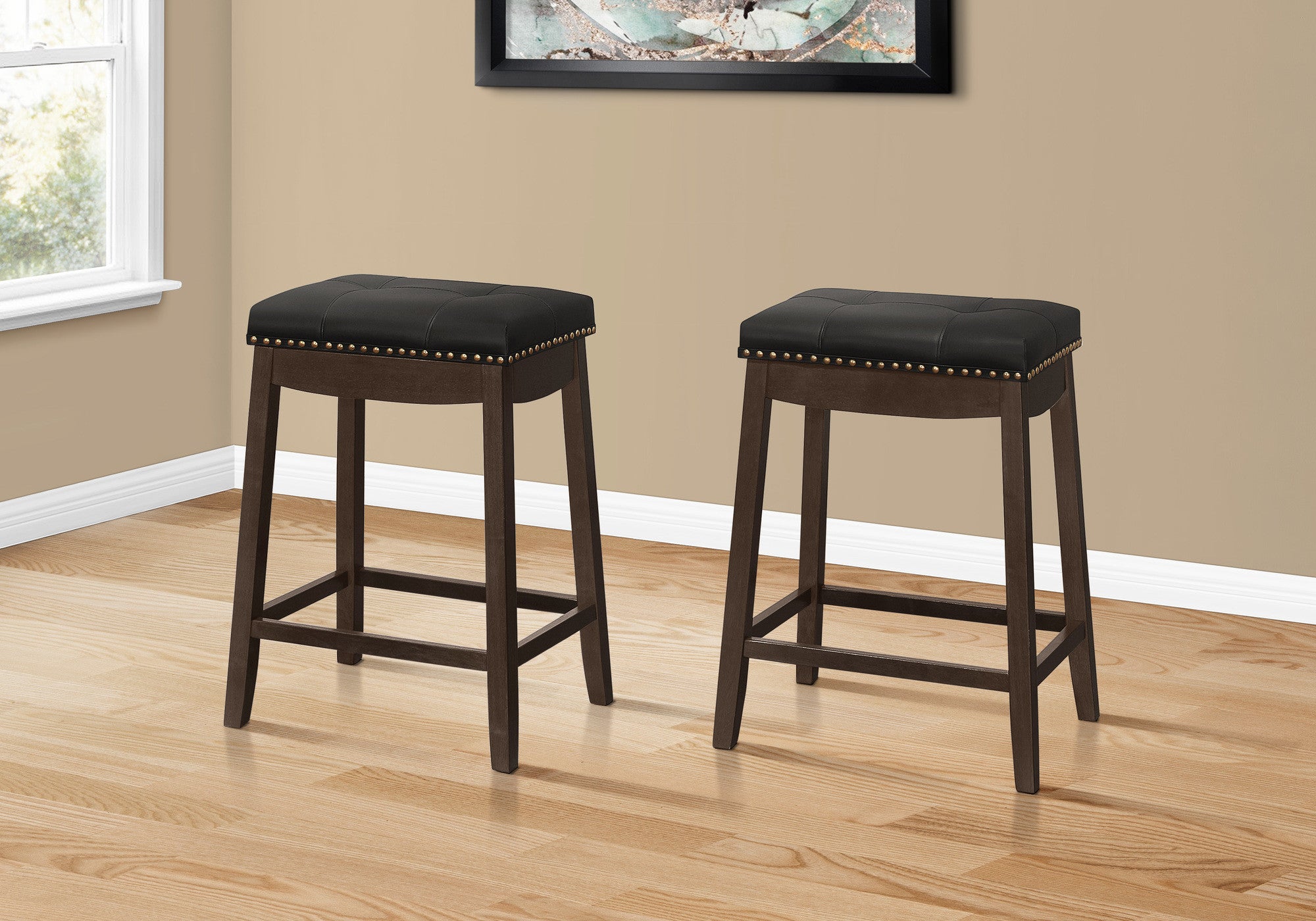 Set of Two 25" Black And Espresso Faux Leather And Solid Wood Backless Counter Height Bar Chairs