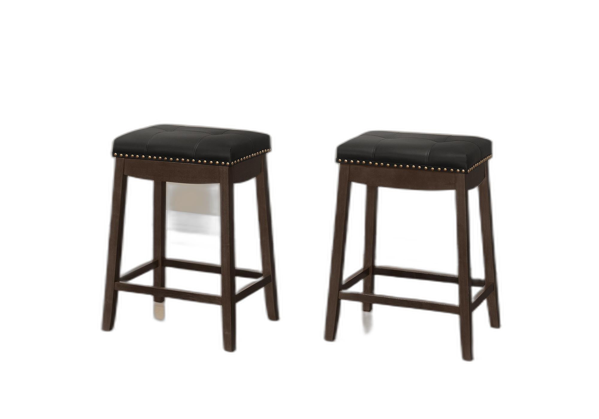 Set of Two 25" Black And Espresso Faux Leather And Solid Wood Backless Counter Height Bar Chairs