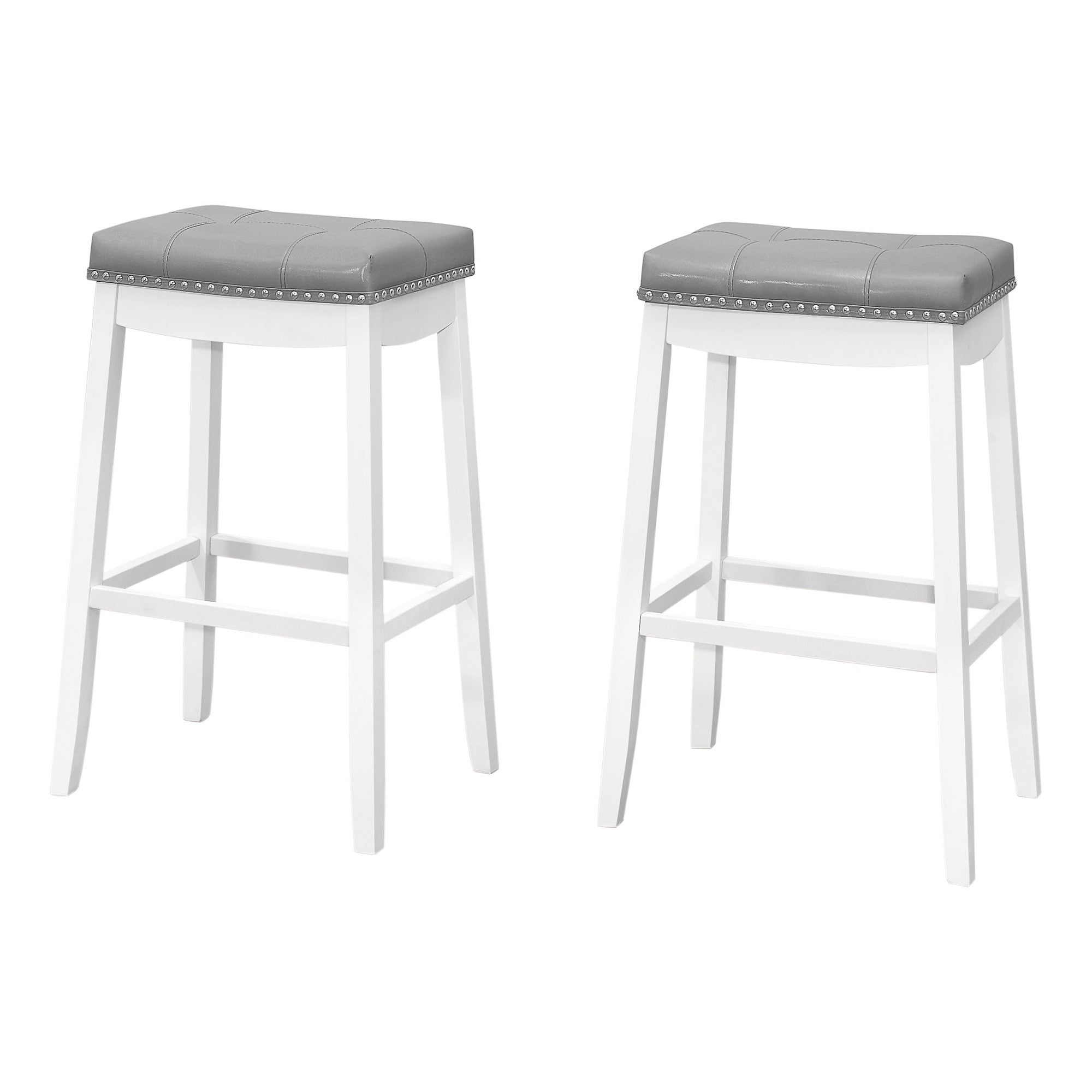 Set of Two 30" Gray And White Faux Leather And Solid Wood Backless Bar Height Bar Chairs