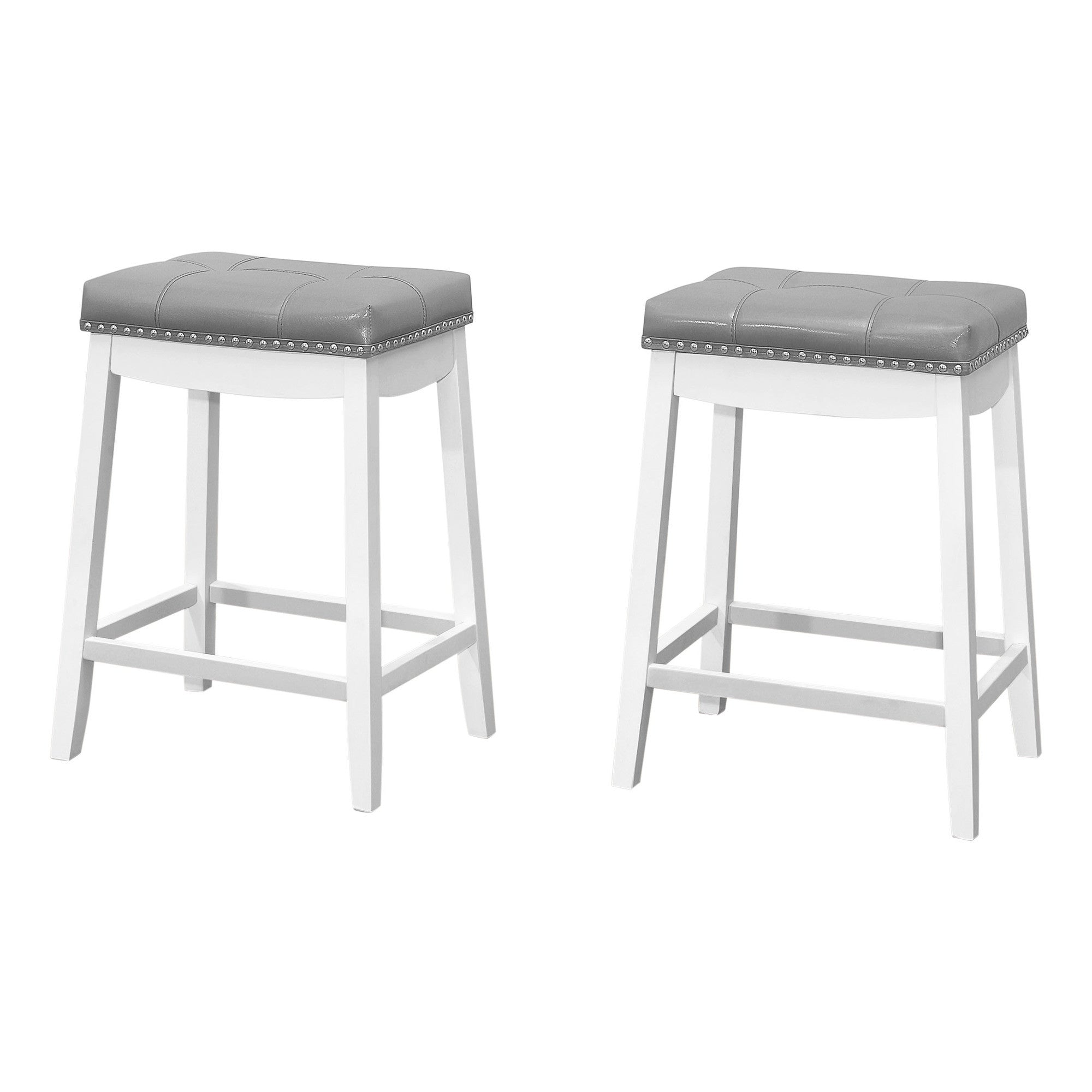 Set of Two 25" Gray And White Faux Leather And Solid Wood Backless Counter Height Bar Chairs