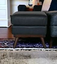 22" Navy Blue Genuine Leather And Brown Ottoman