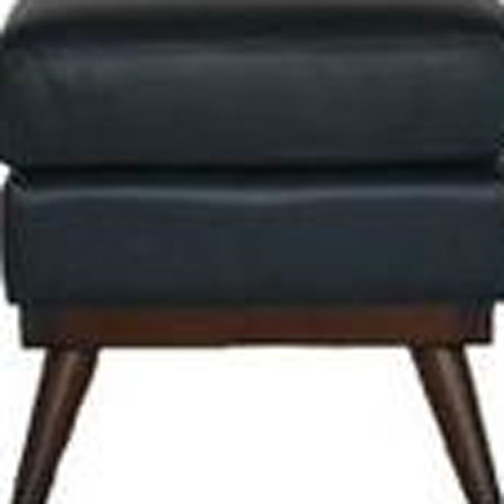 22" Navy Blue Genuine Leather And Brown Ottoman