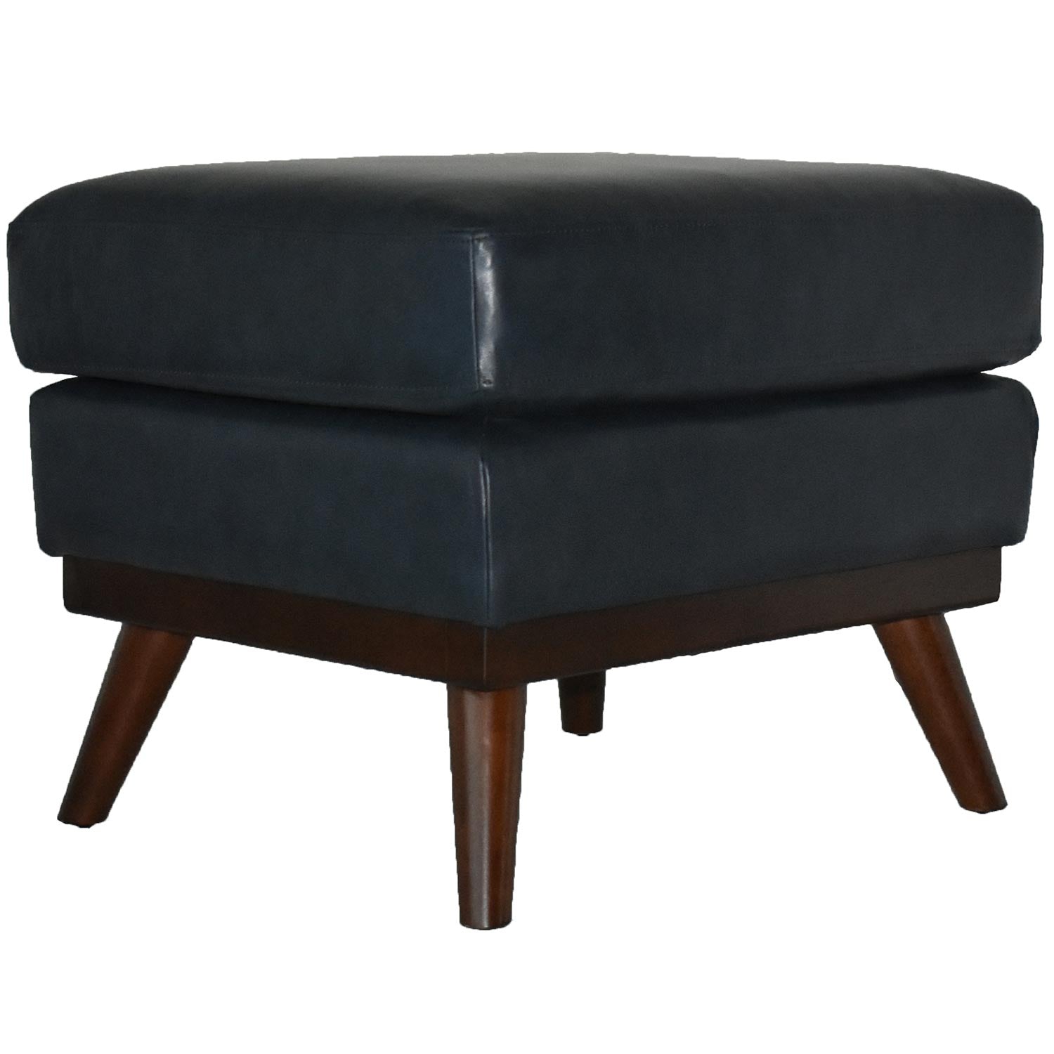 22" Navy Blue Genuine Leather And Brown Ottoman