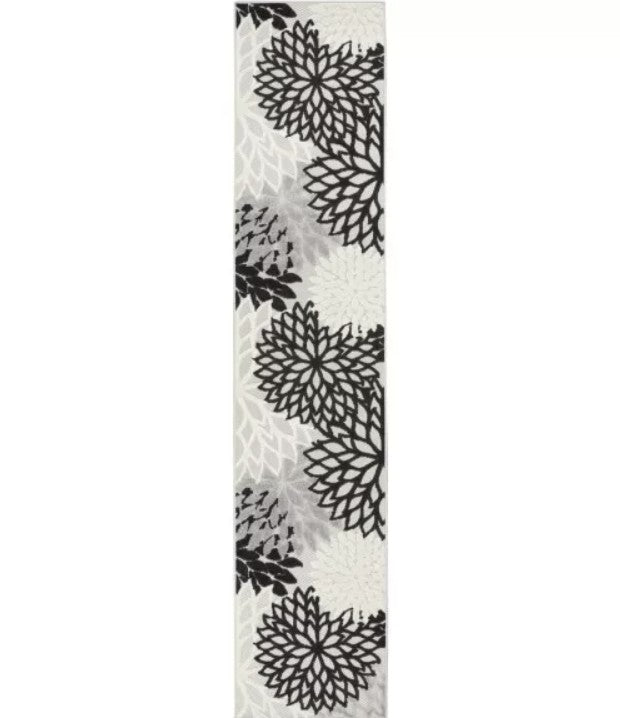 2' X 10' Black And White Floral Non Skid Indoor Outdoor Runner Rug