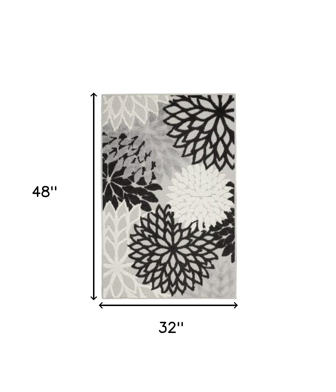 3' X 4' Black And White Floral Non Skid Indoor Outdoor Area Rug