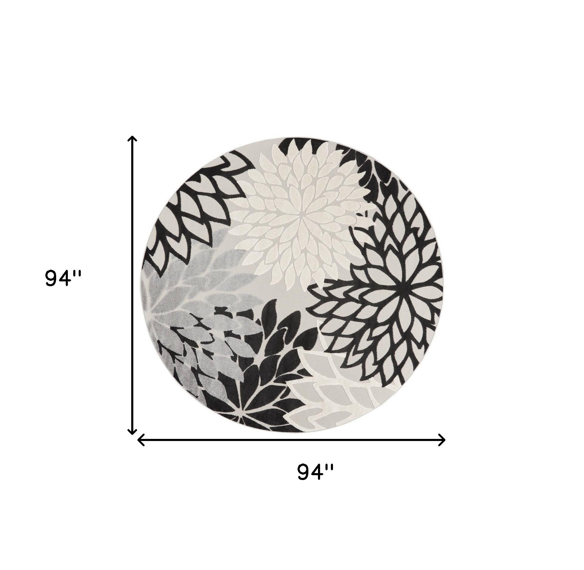 8' X 8' Black And White Round Floral Non Skid Indoor Outdoor Area Rug
