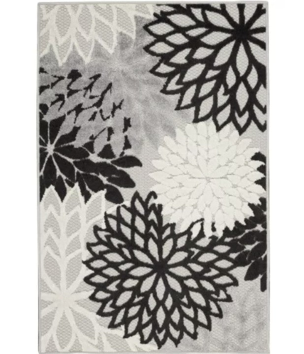 9' X 12' Black And White Floral Non Skid Indoor Outdoor Area Rug