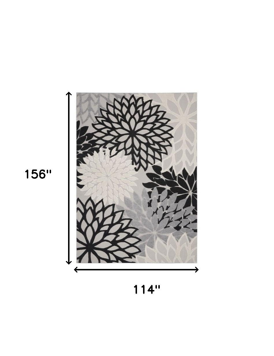 10' X 13' Black And White Floral Non Skid Indoor Outdoor Area Rug
