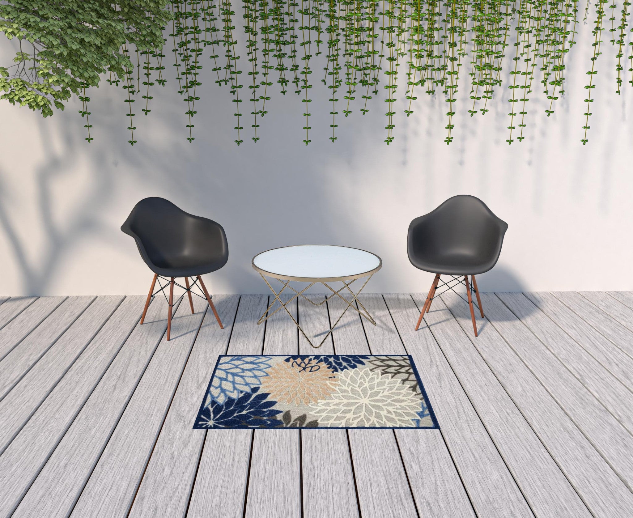 3' X 5' Blue Floral Non Skid Indoor Outdoor Area Rug