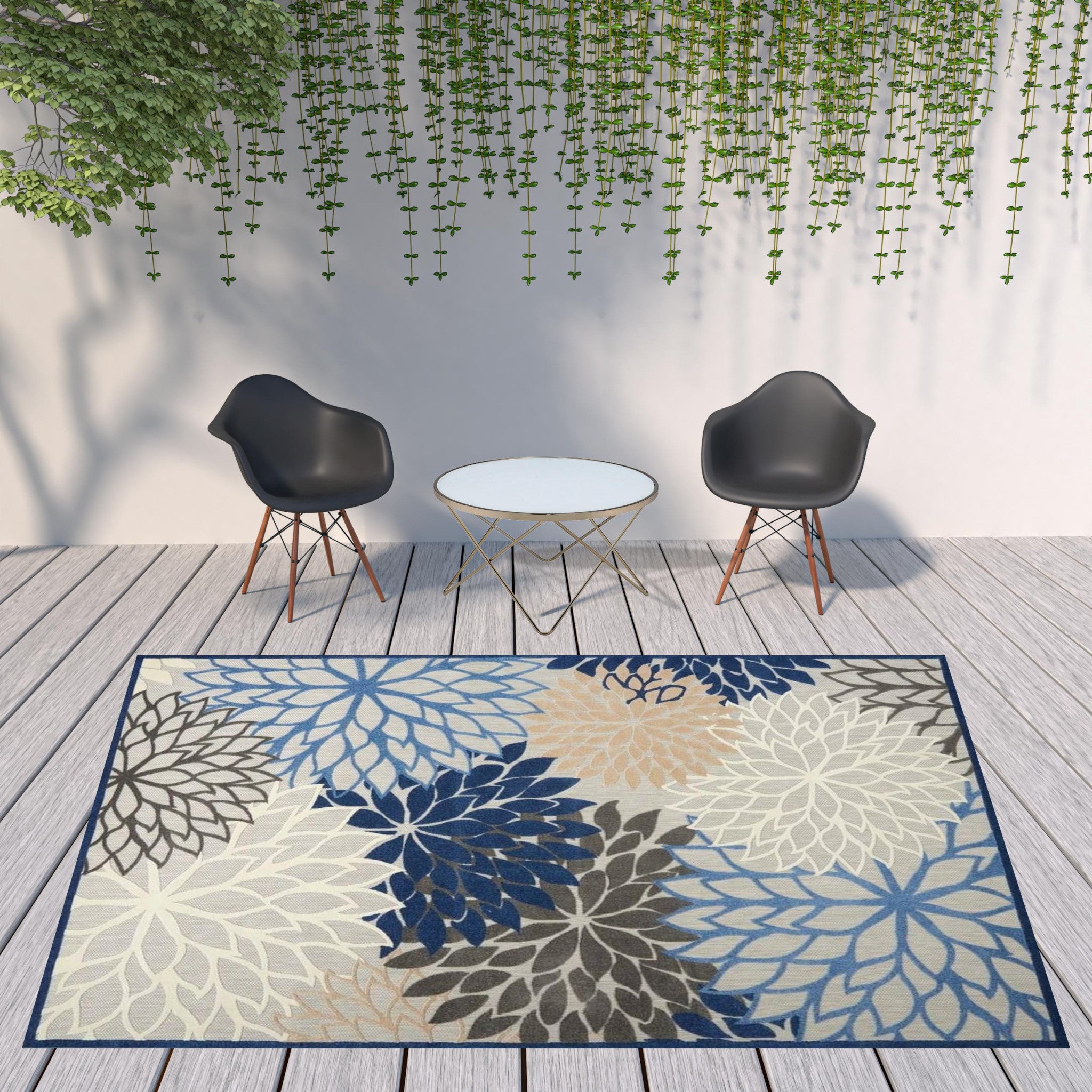 9' X 12' Blue Floral Non Skid Indoor Outdoor Area Rug