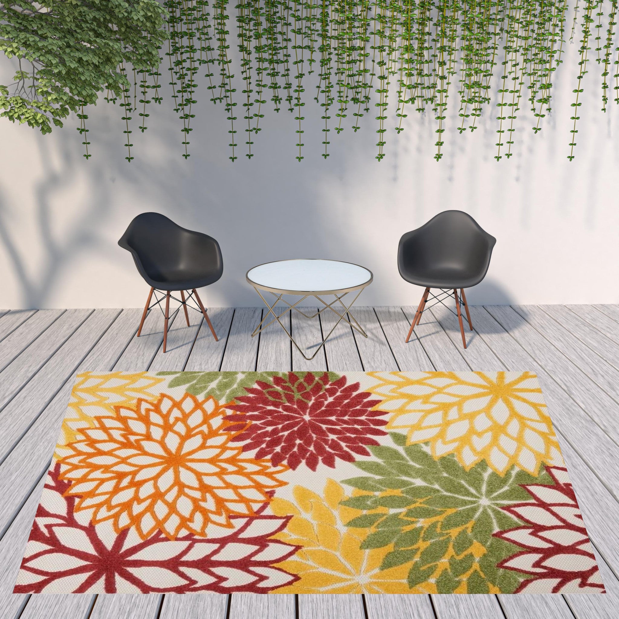 9' X 12' Green Floral Non Skid Indoor Outdoor Area Rug