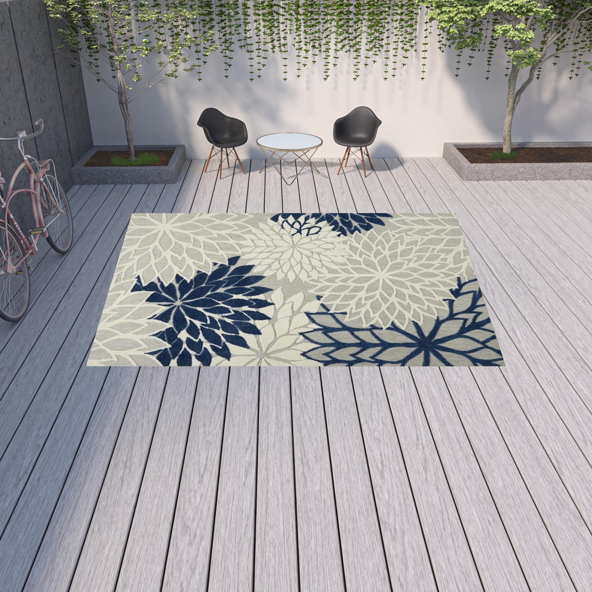 10' X 13' Ivory And Navy Floral Non Skid Indoor Outdoor Area Rug