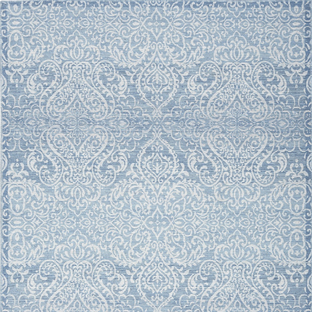 5' X 7' Aqua Damask Distressed Washable Area Rug