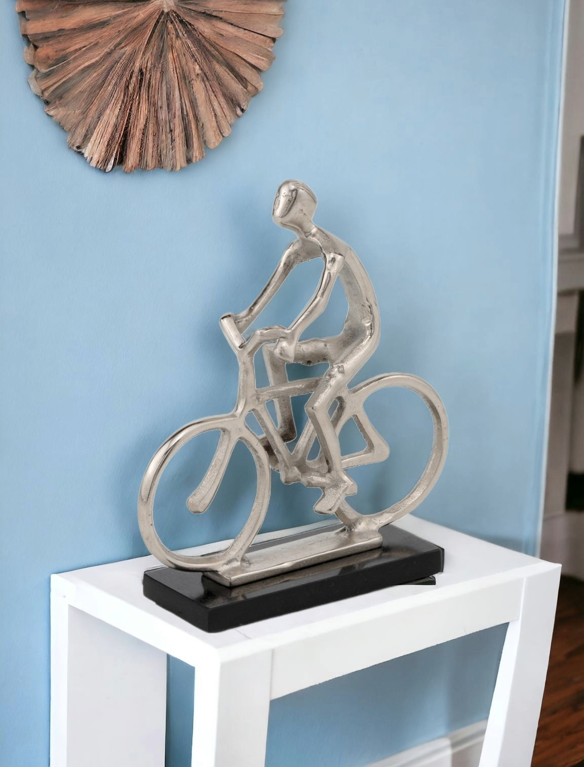 10" Silver and Black Marble Aluminum Man on Bike Sculpture