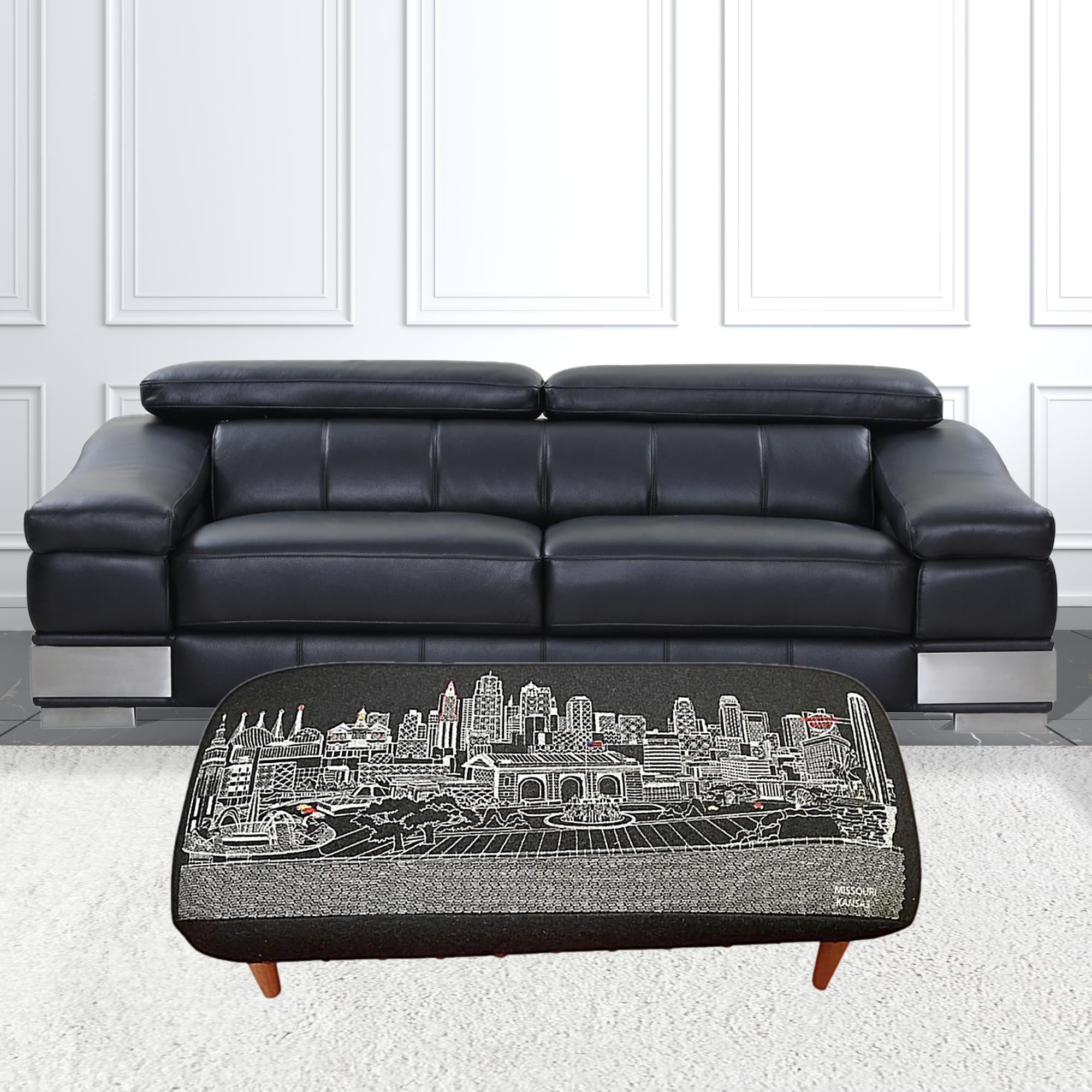 38" Black Wool And Brown Ottoman