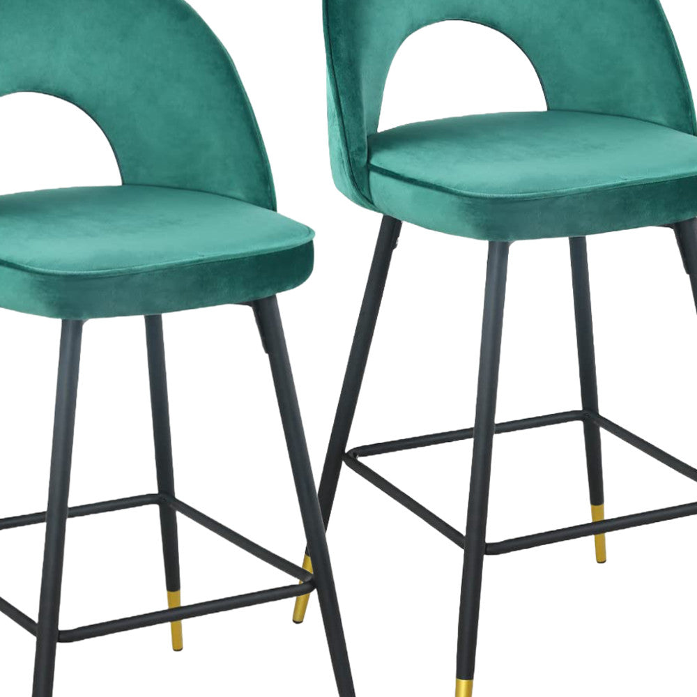 Set of Two 27" Green Black and Gold Velvet Low Back Counter Height Bar Chairs