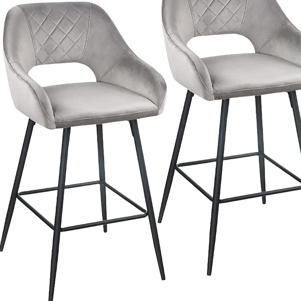 Set of Two 27" Gray And Black Velvet And Iron Low Back Counter Height Bar Chairs