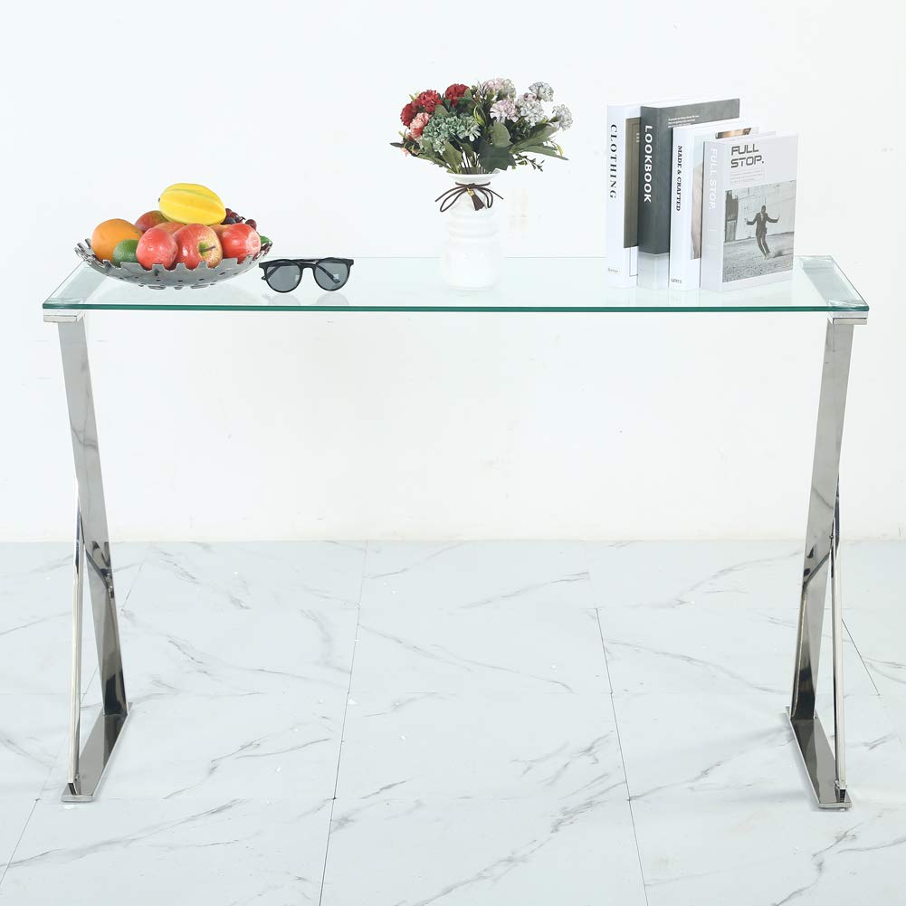 12" Clear and Silver Glass Frame Console Table