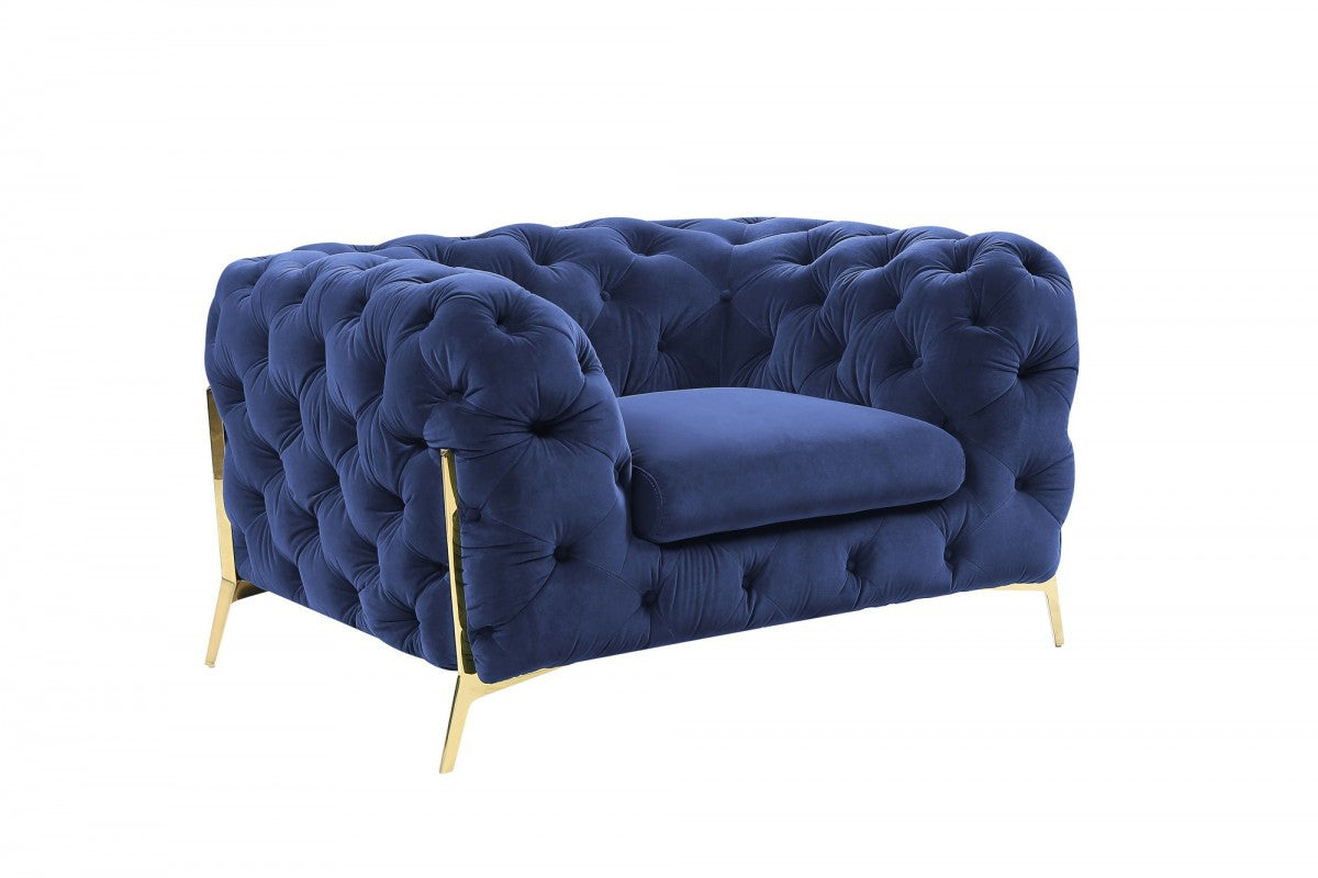 50" Blue Tufted Velvet And Gold Solid Color Lounge Chair