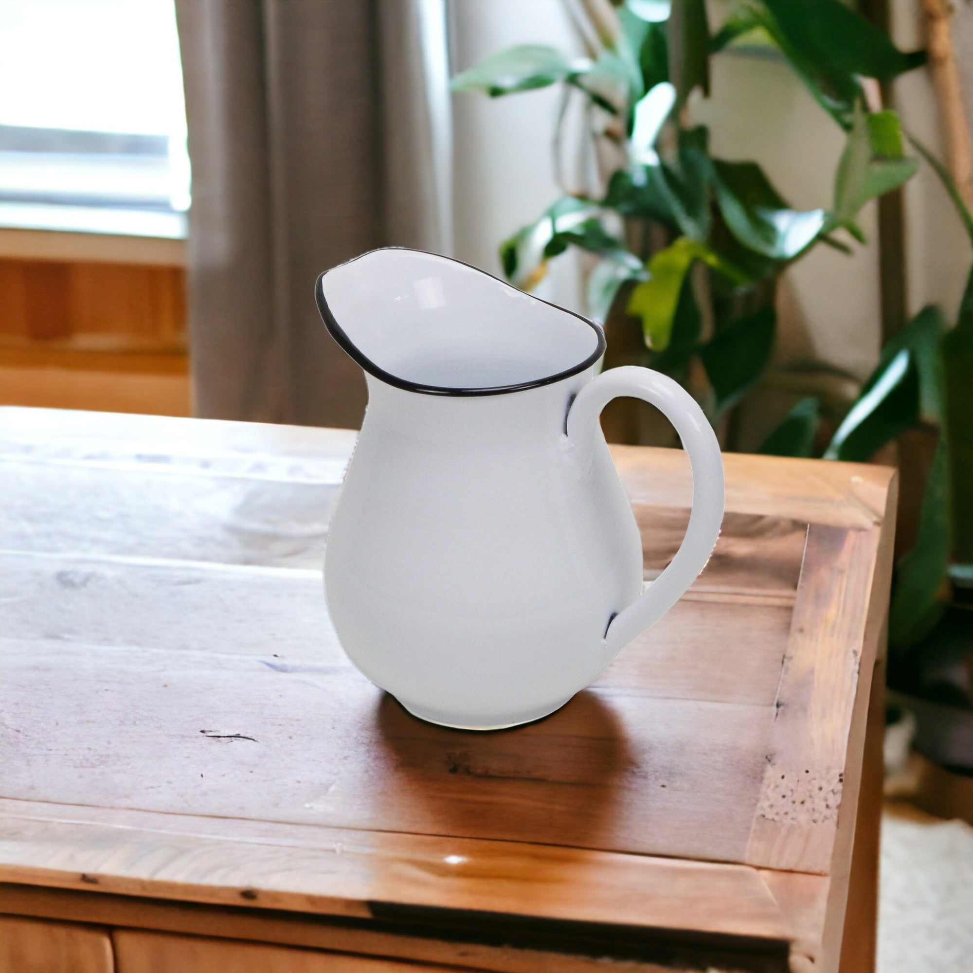 8" White with Black Rim Metal Hand Painted Pitcher Sculpture