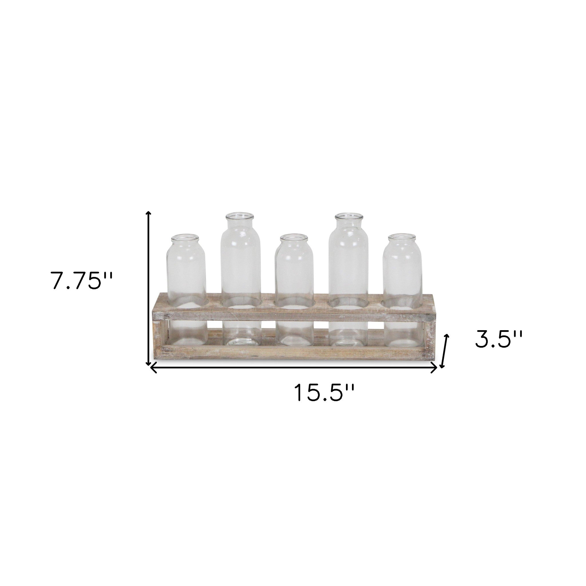 Set of Six Clear Glass Decorative Bottles and Wood Stand