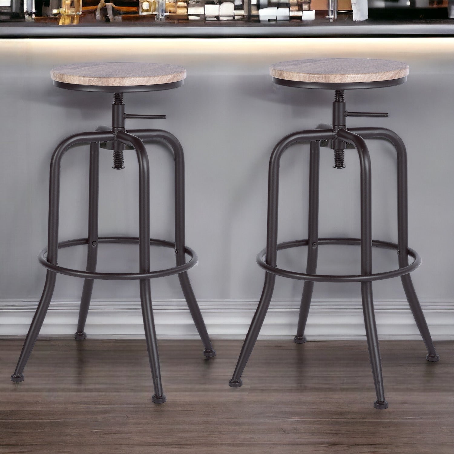 Set of Two 30" Natural And Black Steel Swivel Backless Bar Chairs