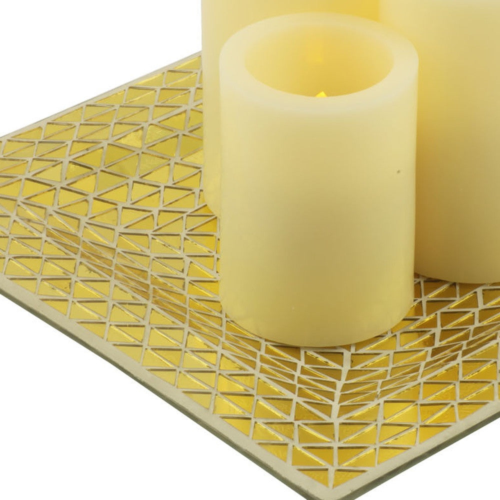 Set of Three Gold Flameless Pillar Candles With Holder