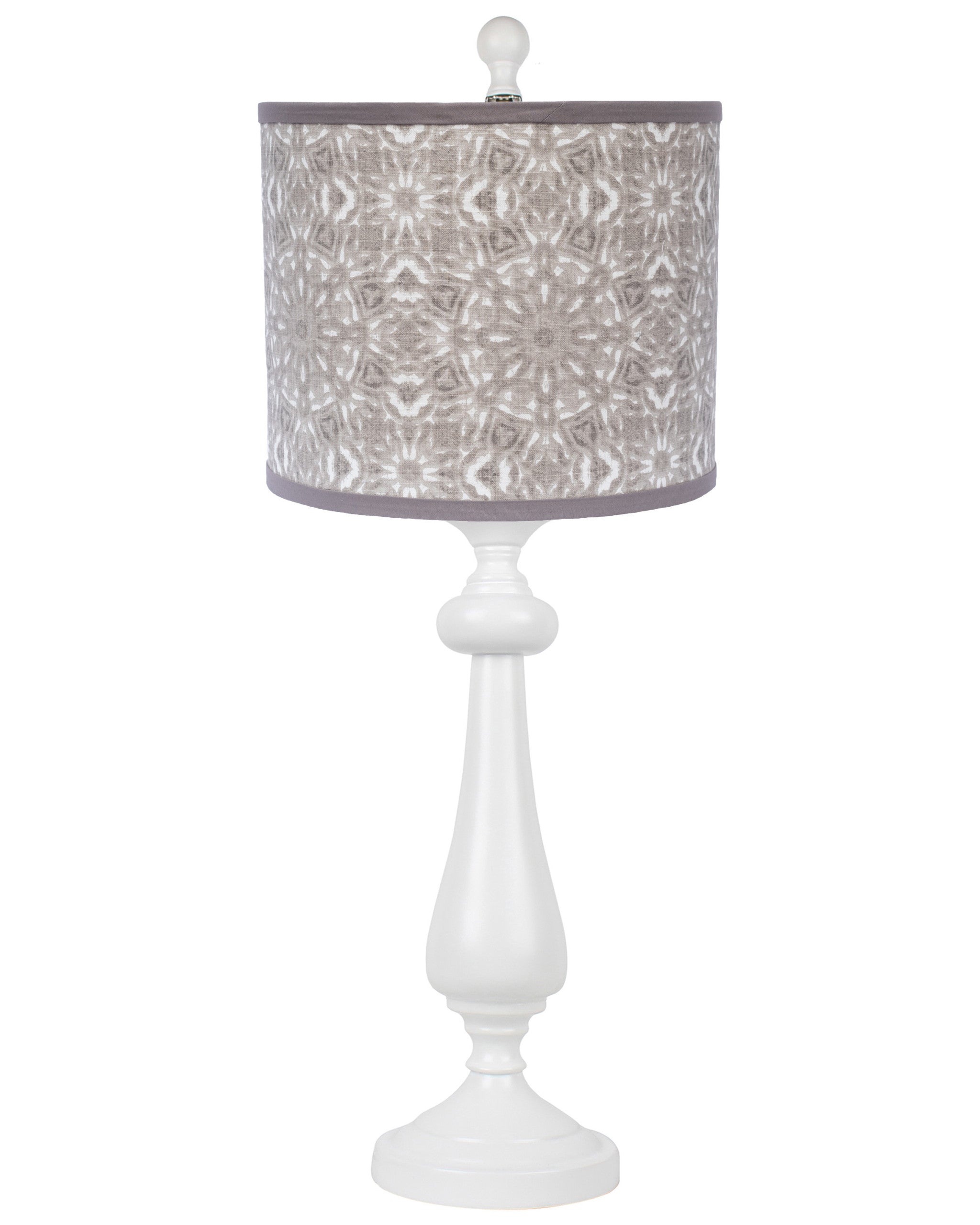 27" White Table Lamp With Gray Taupe Batik Print Drum Shade