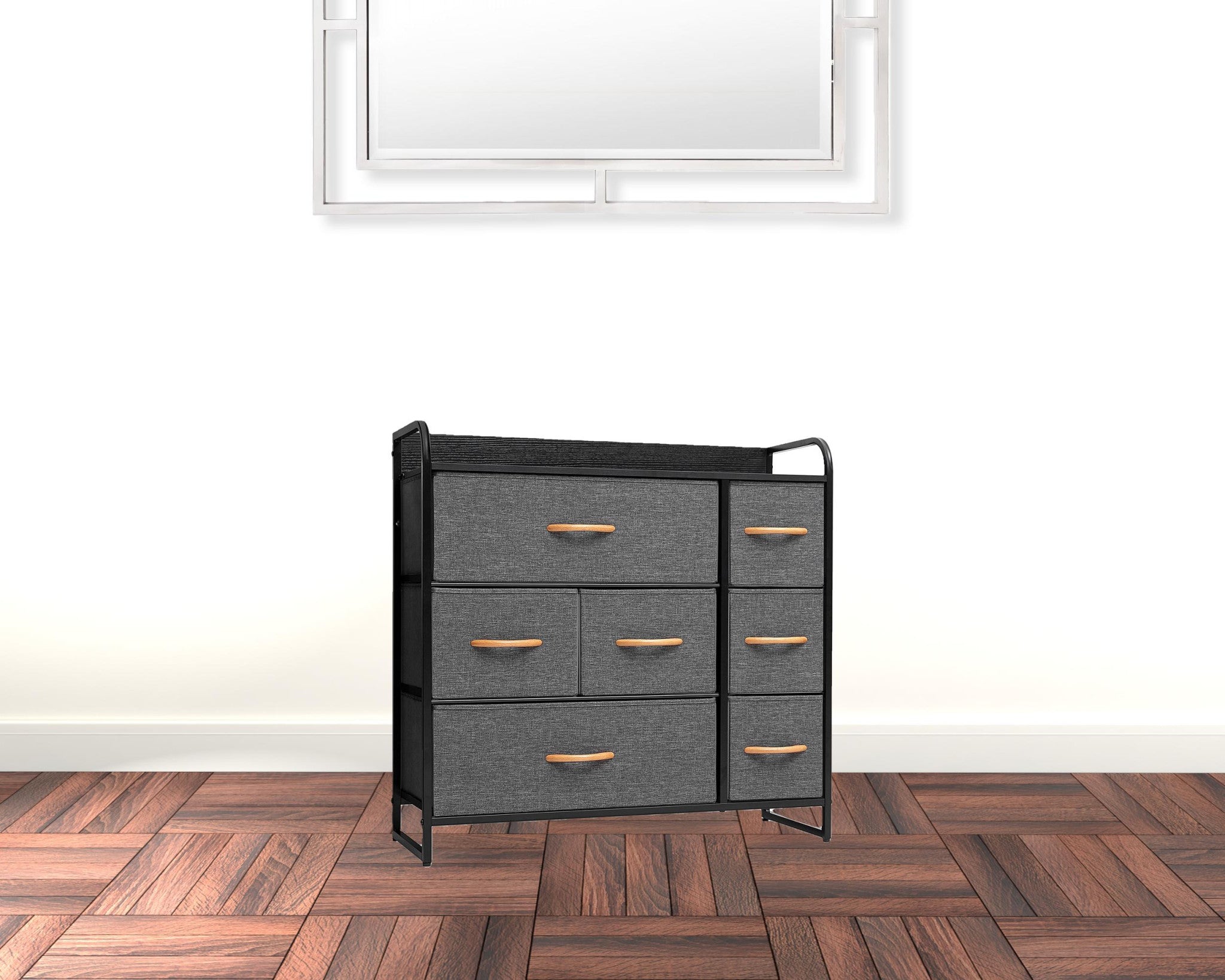 32" Gray and Black Steel and Fabric Seven Drawer Dresser