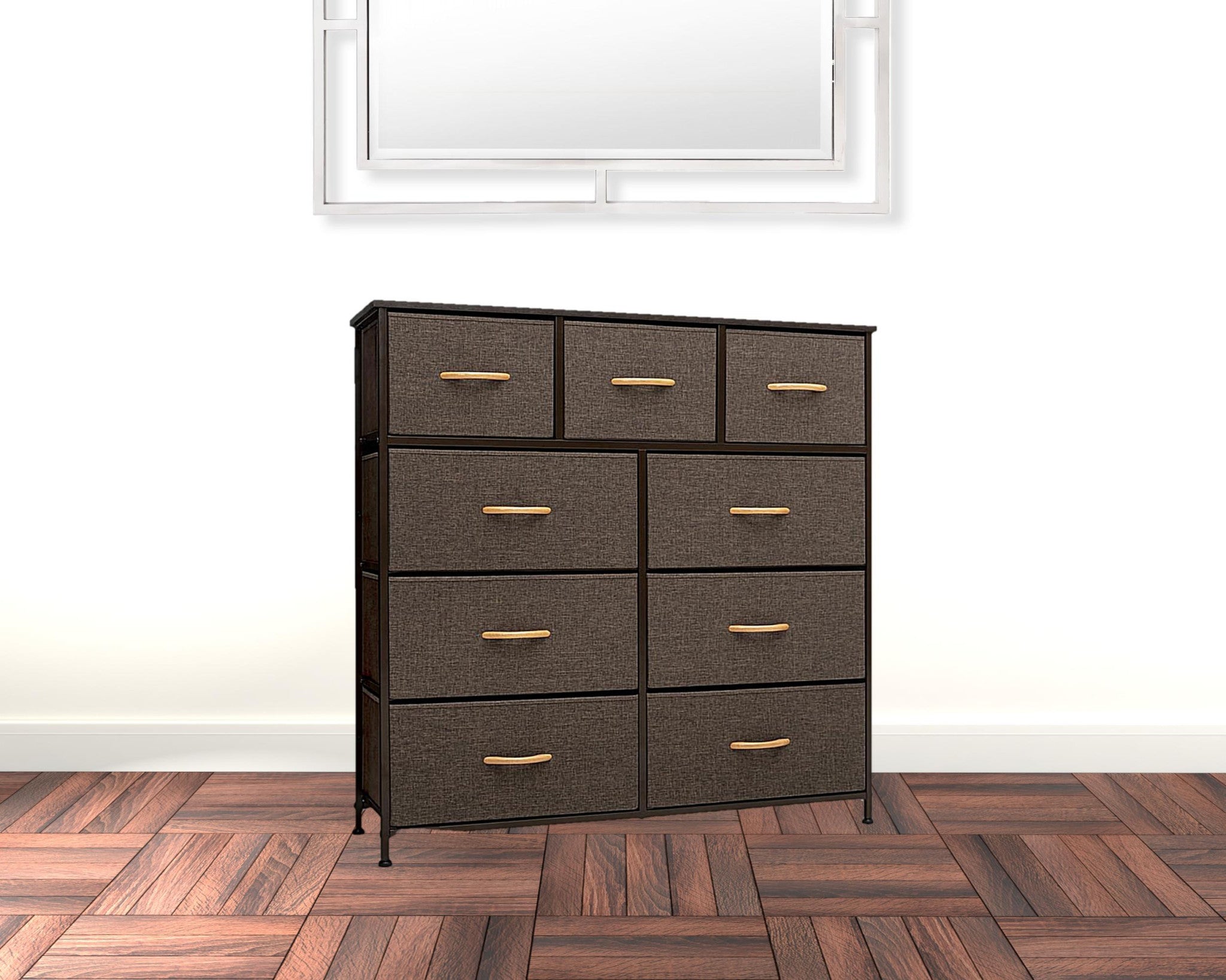 39" Brown Steel and Fabric Nine Drawer Triple Dresser