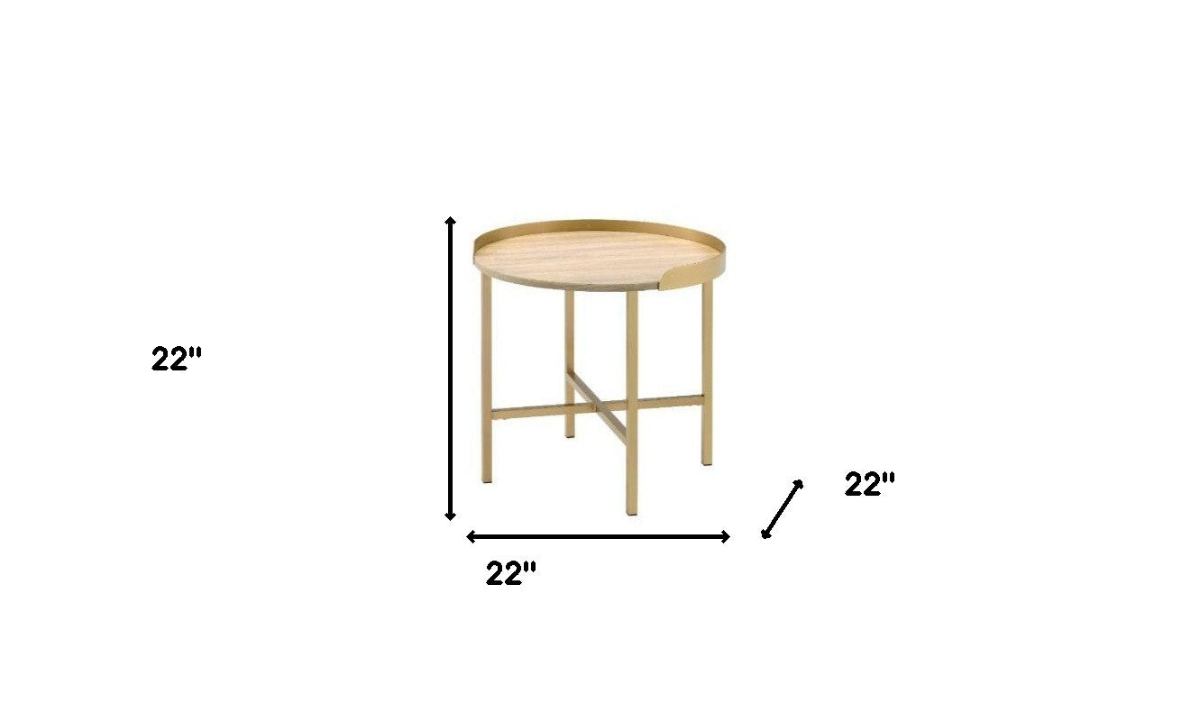 22" Gold And Oak Manufactured Wood And Metal Round End Table