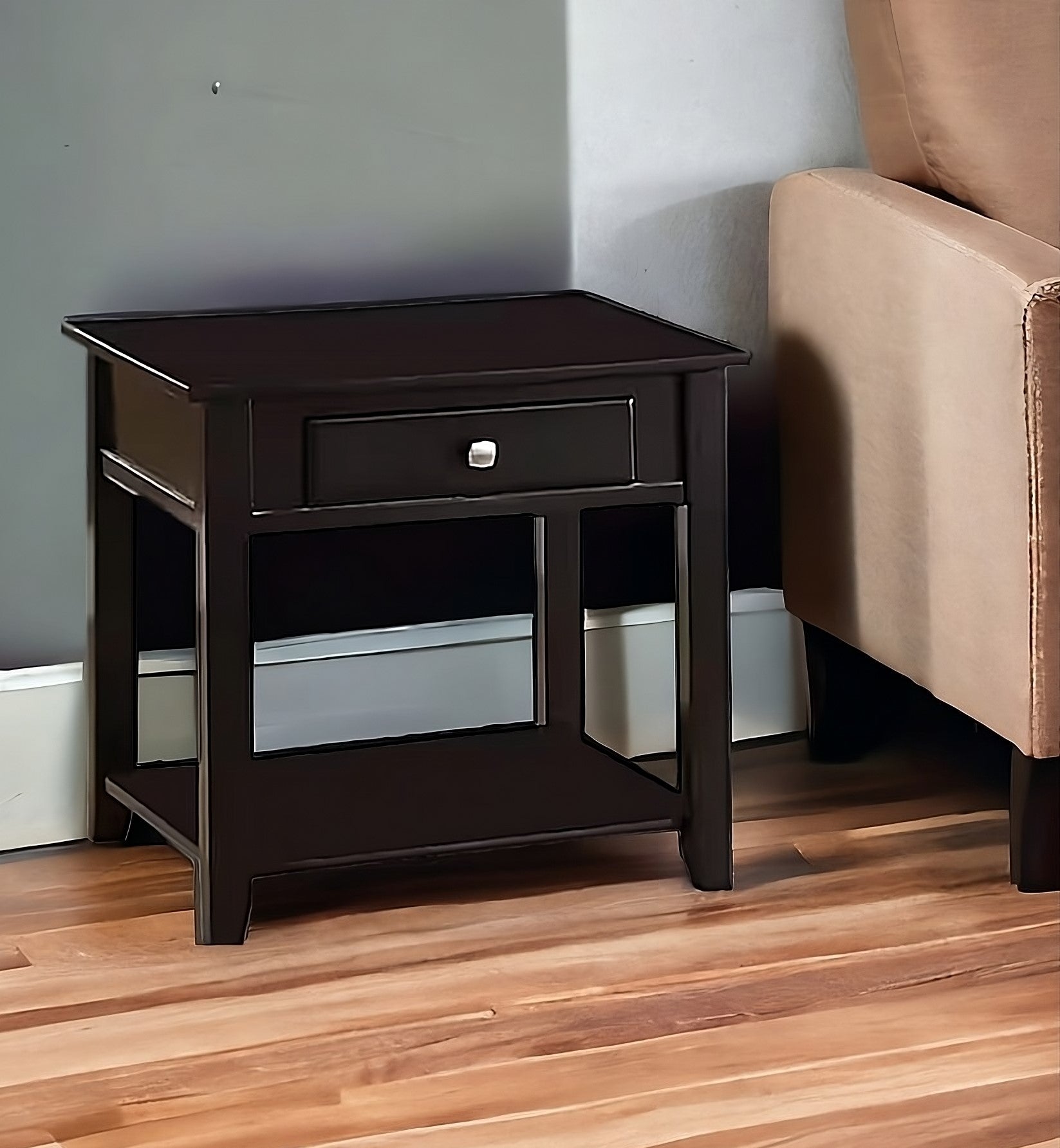 22" Black Manufactured Wood Square End Table With Drawer With Shelf