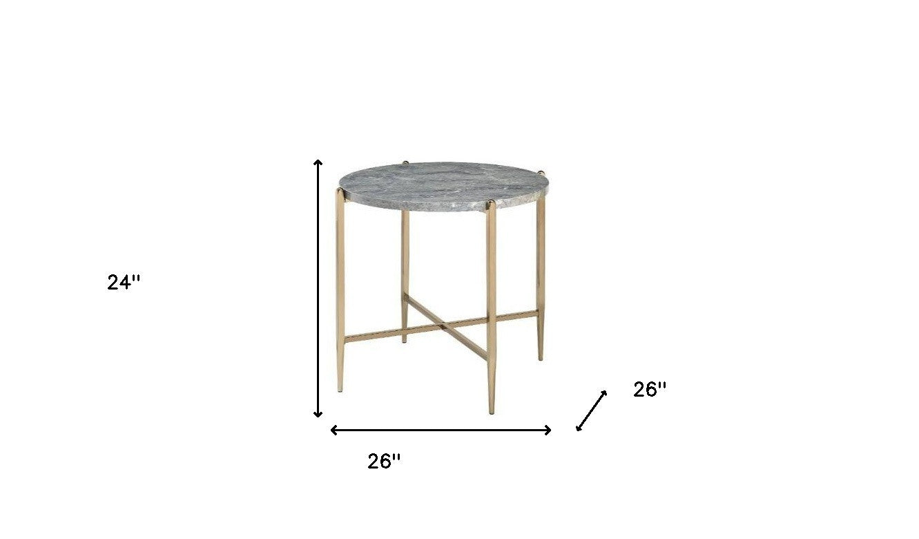 24" Champagne And Light Gray Manufactured Wood And Metal Round End Table