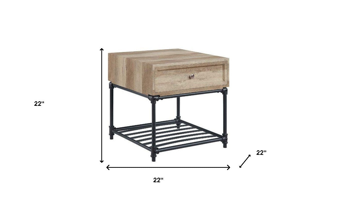 22" Sandy Black And Oak Manufactured Wood And Metal Square End Table With Drawer And Shelf
