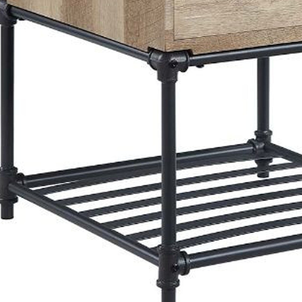 22" Sandy Black And Oak Manufactured Wood And Metal Square End Table With Drawer And Shelf