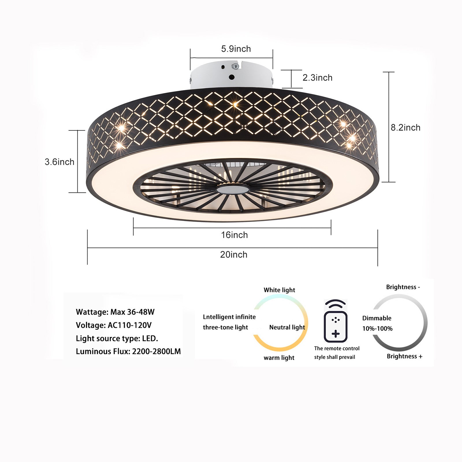 20" Clear Flush Mount Five Blade Dimmable Remote Control Integrated Light Ceiling Fan