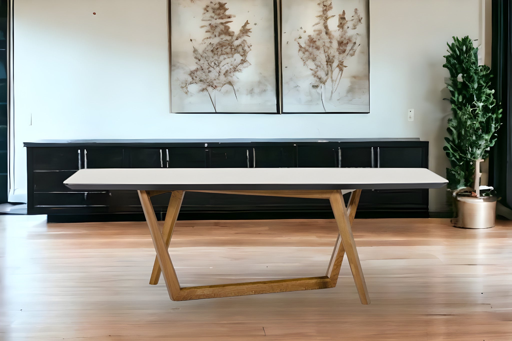 91" White And Walnut Rectangular Stone And Manufactured Wood Dining Table