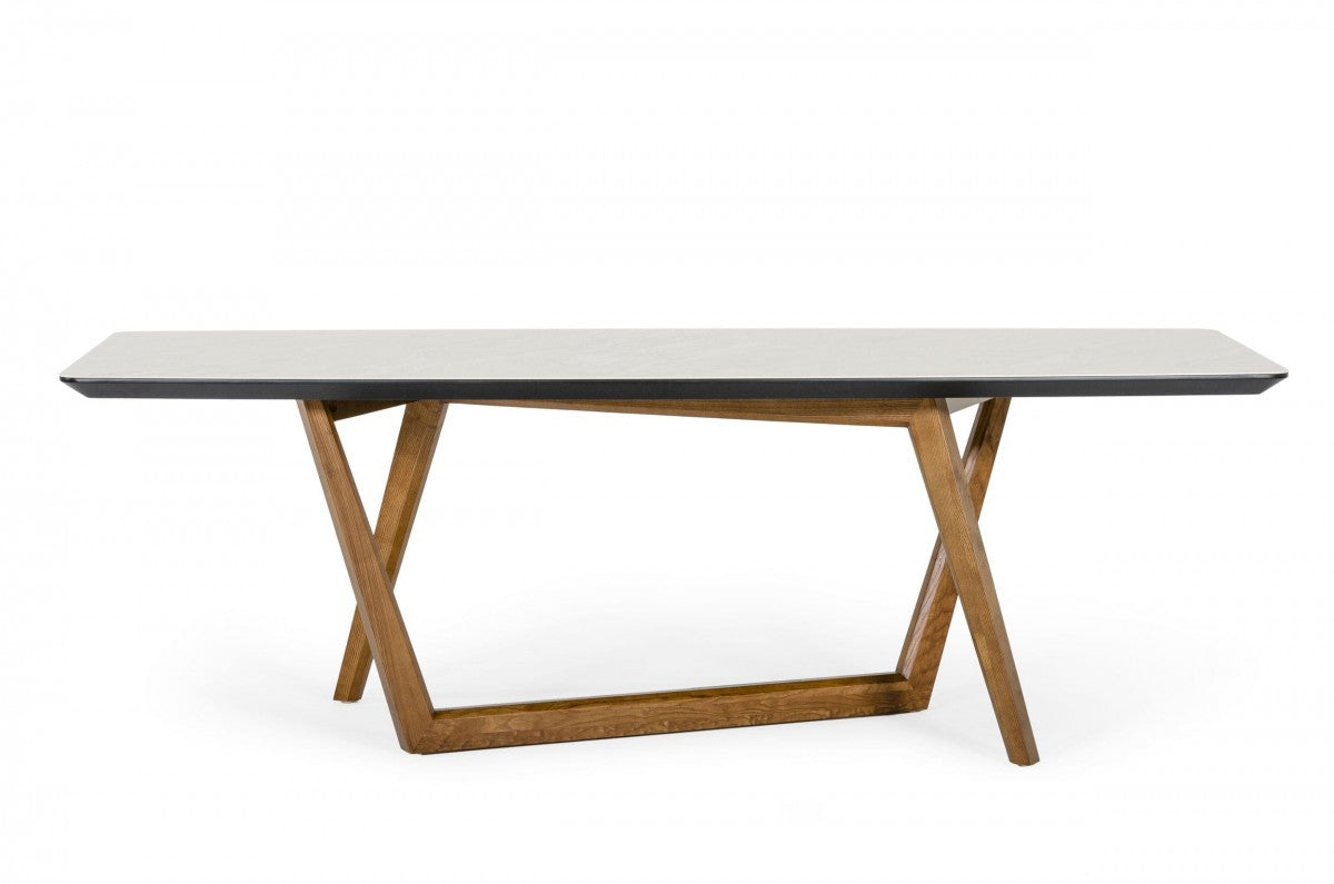 91" White And Walnut Rectangular Stone And Manufactured Wood Dining Table