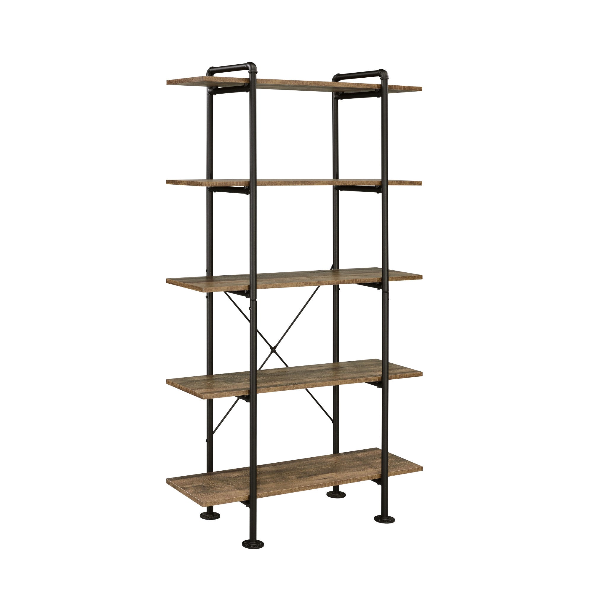 73" Brown and Black Metal Five Tier Etagere Bookcase