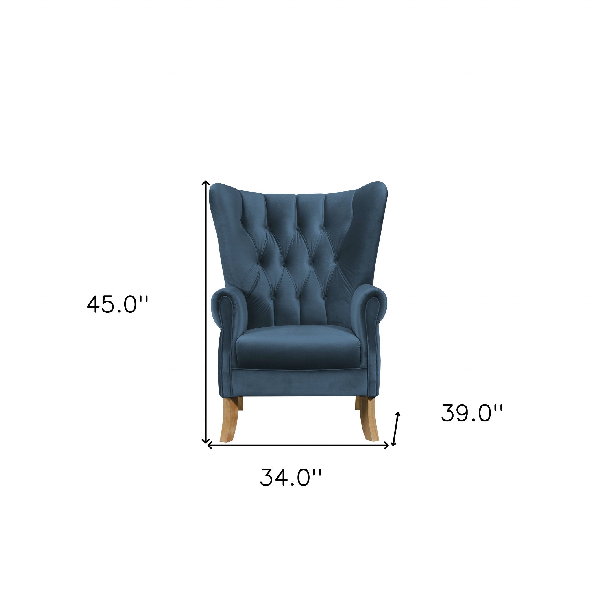 34" Azure Blue Velvet And Brown Solid Color Wingback Chair