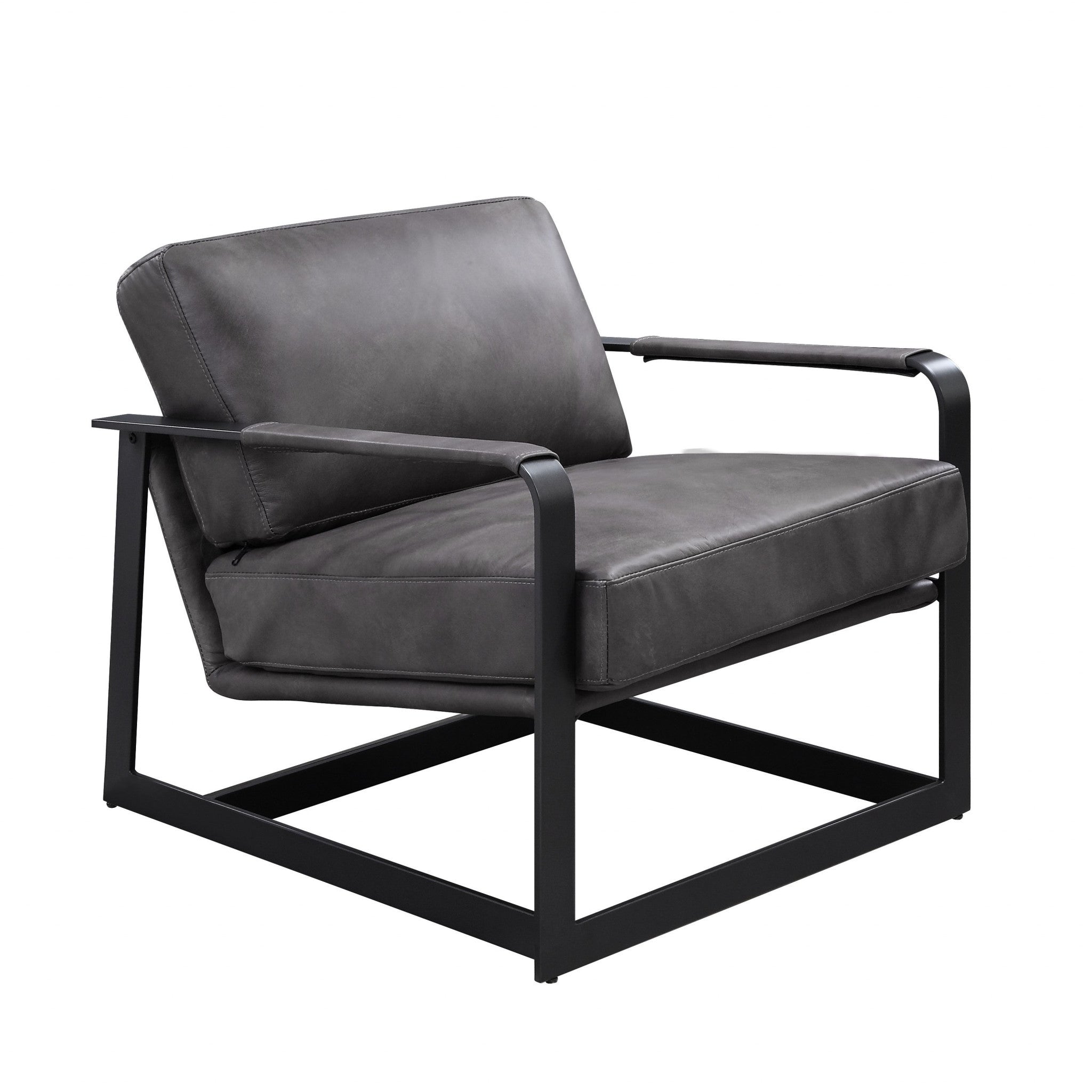 28" Gray Black Top Grain Leather And Steel Solid Color Arm Chair