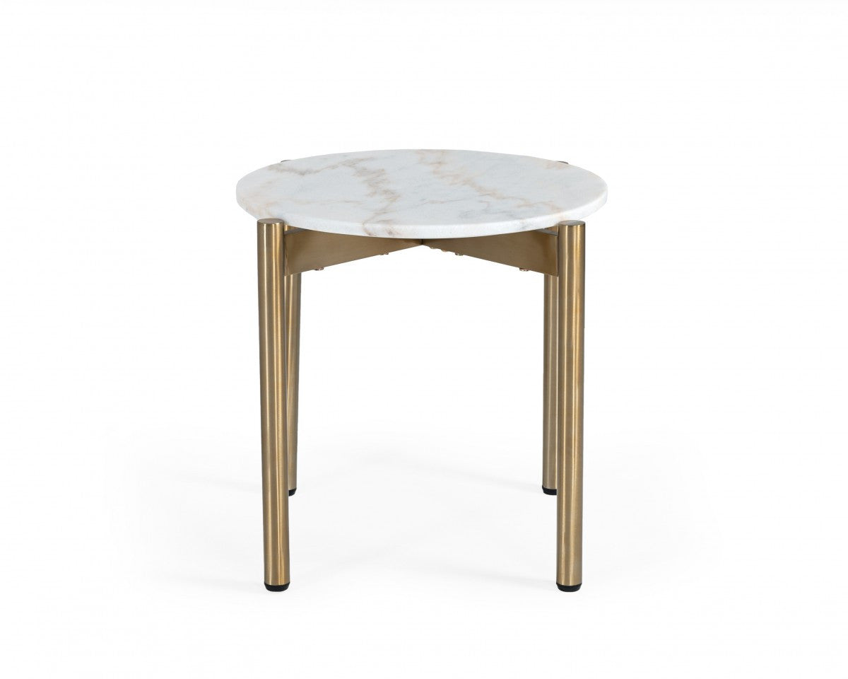 22" Gold And White Marble Round End Table