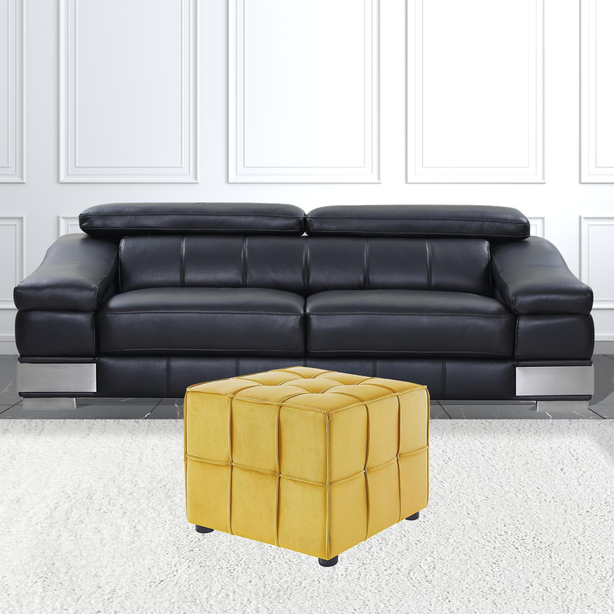 22" Yellow Velvet And Black Cube Ottoman