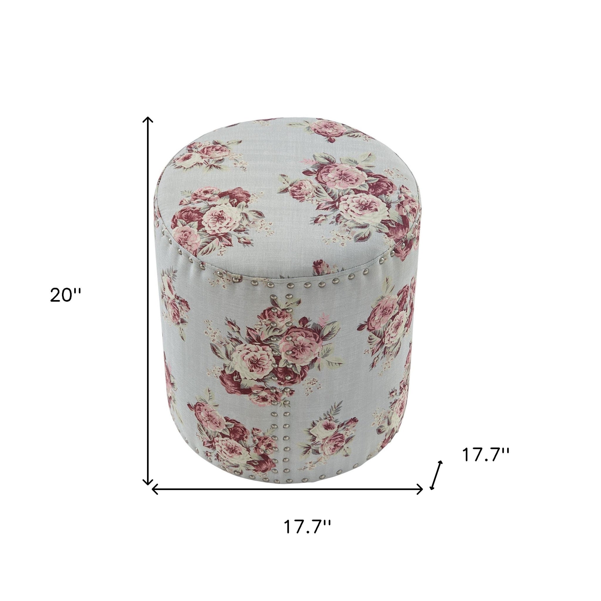 18" Pink Linen Round Floral Ottoman