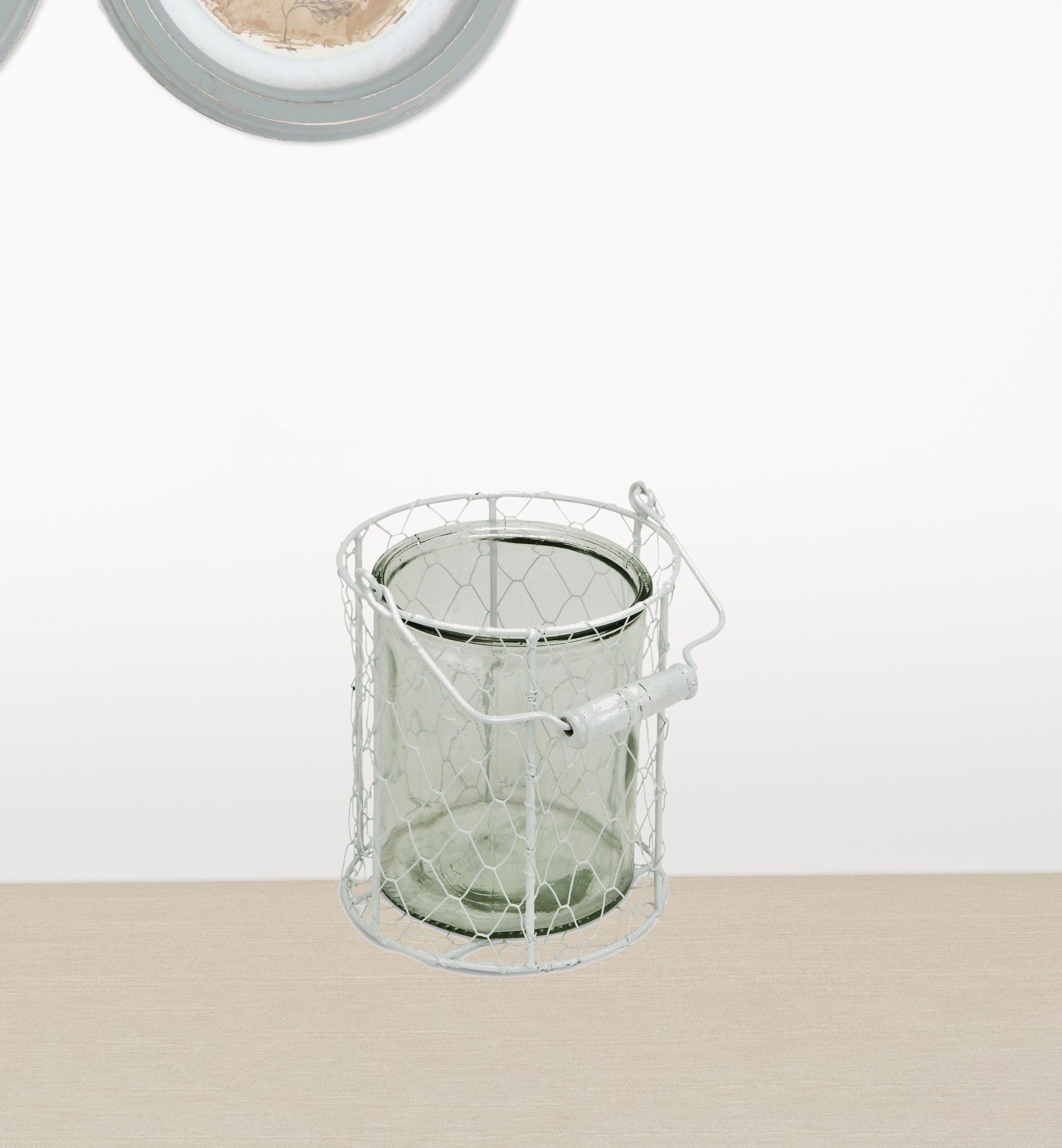 6" White and Clear Wire Basket and Glass Jar