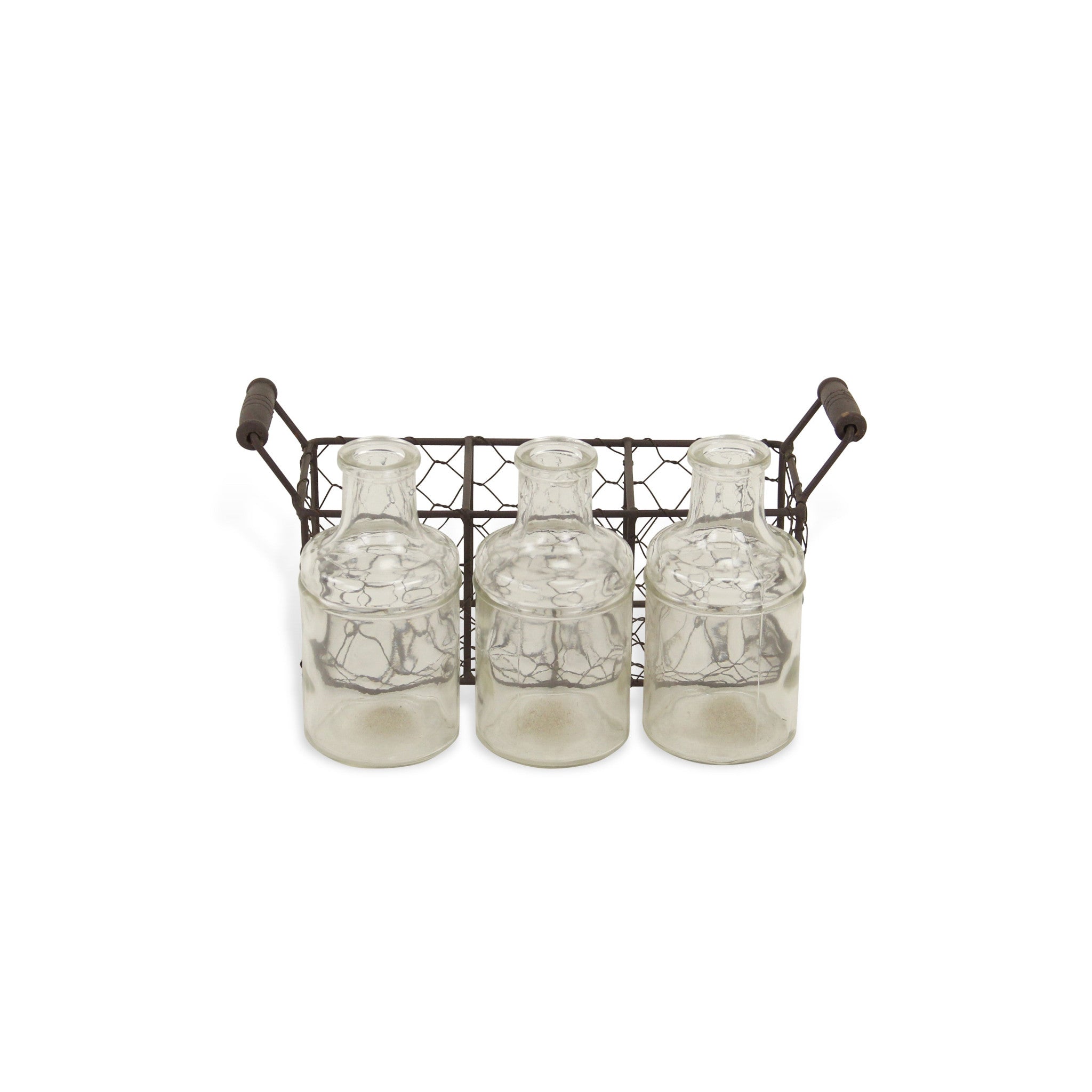 8.5" Set of Three Glass Bottles in Brown Wire Basket