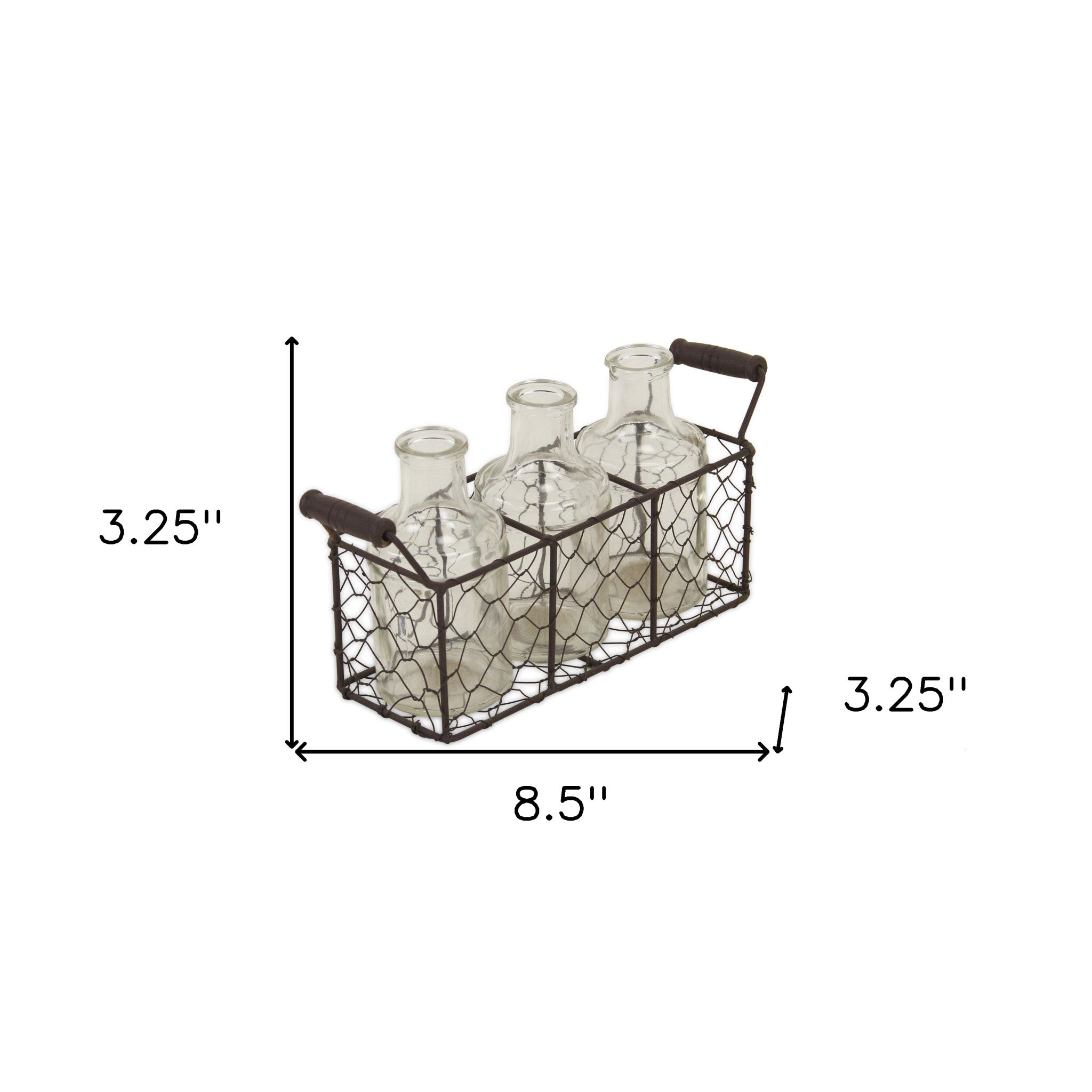 8.5" Set of Three Glass Bottles in Brown Wire Basket