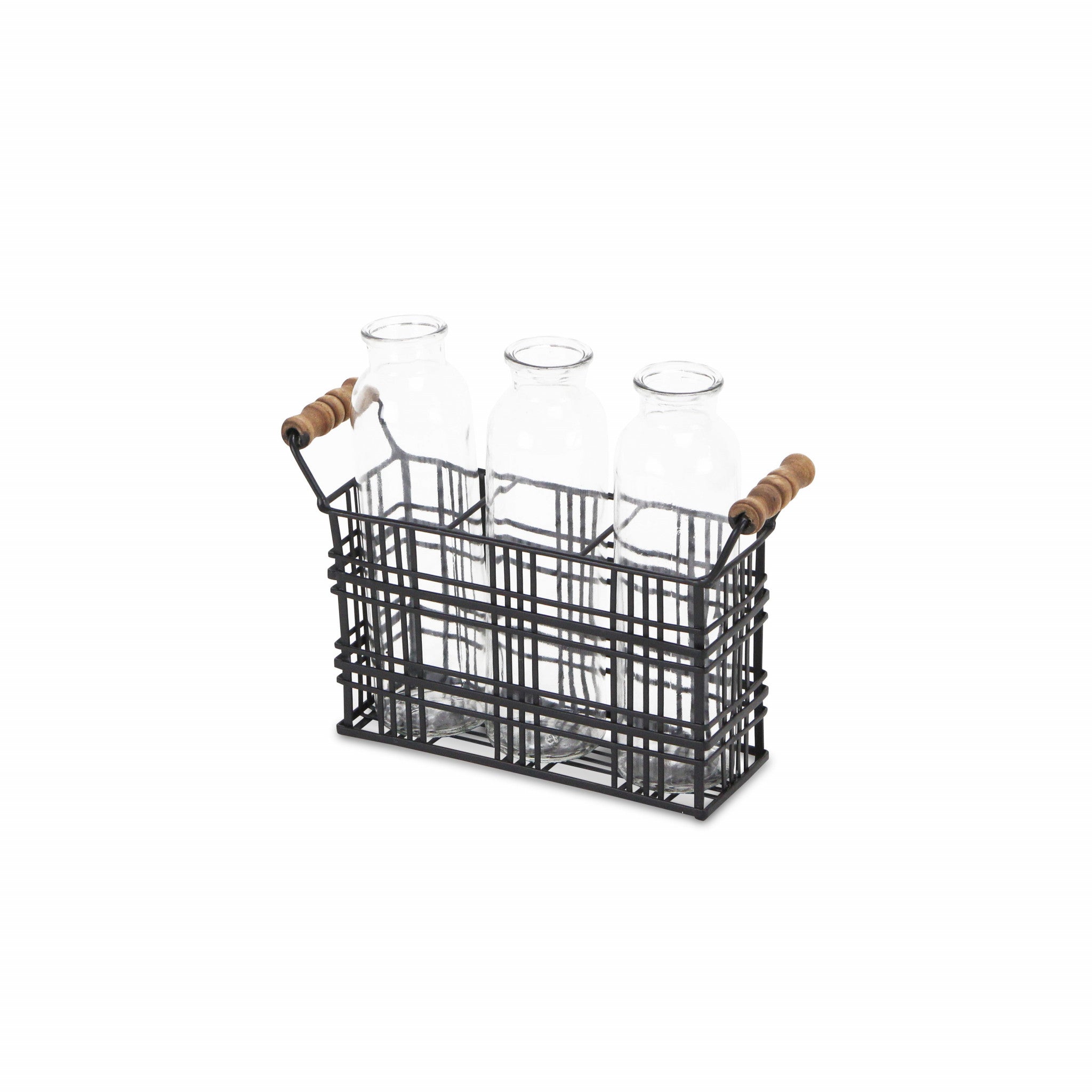 8" Set of Three Glass Bottles in Black Wire Basket