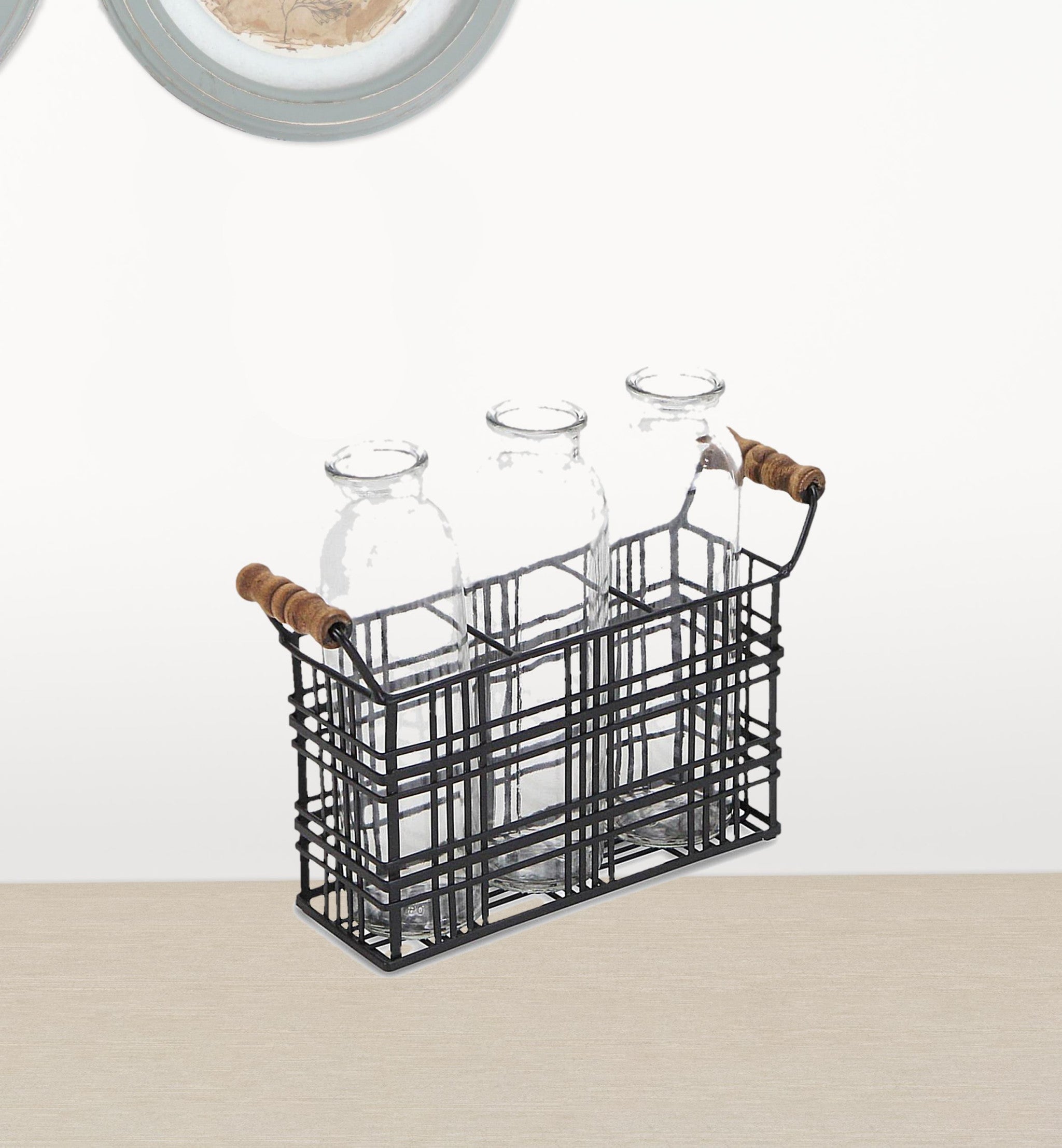 8" Set of Three Glass Bottles in Black Wire Basket